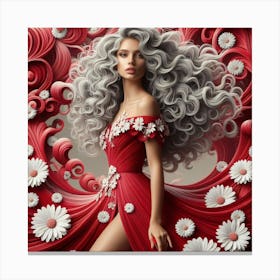 Beautiful Woman In Red Dress With Flowers Canvas Print