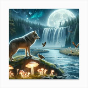 Wolf on the Glowing Mushroom Crystal Riverbank Canvas Print
