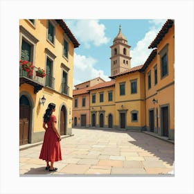 Spanish Woman In A Picturesque Town Square, Watercolor With Quaint Charm 1 Canvas Print