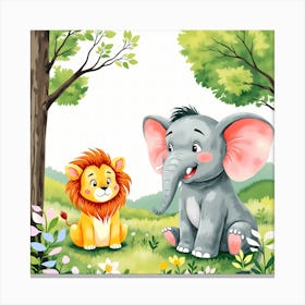 Cartoon Elephant And Lion In The Forest Canvas Print