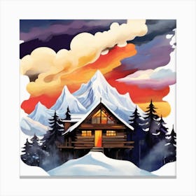 Abstract painting snow mountain and wooden hut 3 Canvas Print