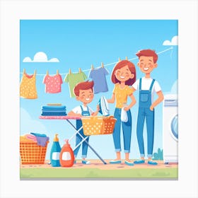 Family With Washing Machine And Clothes Canvas Print