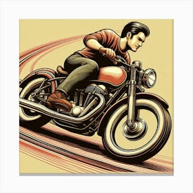 A Guy Riding A Motorcycle Fast Around A Curve Retro Art Stlye 2 Canvas Print