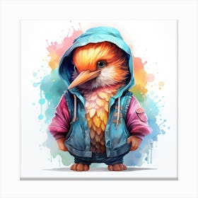 Watercolour Cartoon Hummingbird In A Hoodie 1 Canvas Print