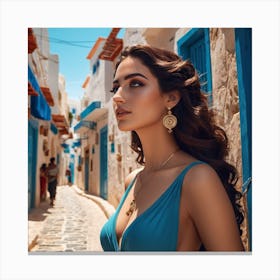 Tunis Street Sidi Bou Said, Beautiful Woman In blue Dress Canvas Print
