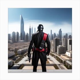 The Image Depicts A Man In A Black Suit And Helmet Standing In Front Of A Large, Modern Cityscape 1 Canvas Print