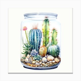 Watercolor Colorful Cactus in a Glass Jar 3 Canvas Print