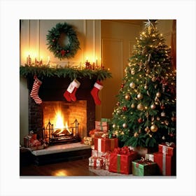 A Convivial Christmas Scene A Roaring Hearth Fireplace Illuminating The Room A Lush Evergreen Chri (5) Canvas Print