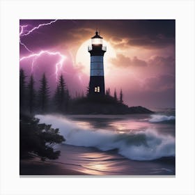 Lightning Storm Over Lighthouse Landscape 1 Canvas Print