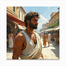 Graceful Greek Man In Watercolor, With The Charm Of A Bustling Ancient Market 1 Canvas Print