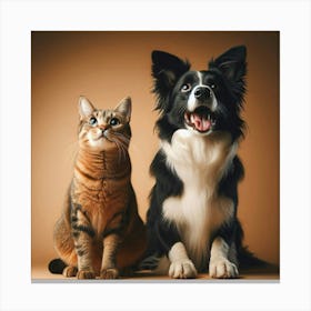 A ginger cat and a Border Collie sit together, looking up at something just out of frame, with a warm brown background Canvas Print