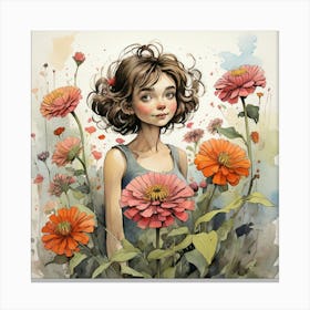 Zinnia Floral Quentin Blake Inspired Illustration Flo Canvas Print