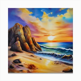 Artwork, oil colors, sea and sunset, seashore, beach rocks.San Francisco, USA.4 Canvas Print