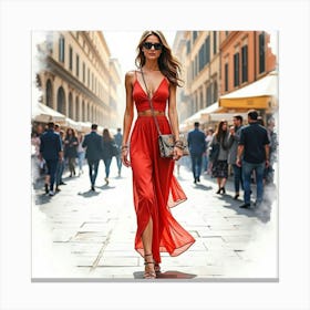 Stylish Italian Woman In Watercolor, Attending A Glamorous Fashion Event In Rome Canvas Print