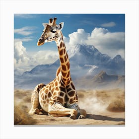 Giraffe Sitting In The Desert With Mountains And Clouds Background Canvas Print