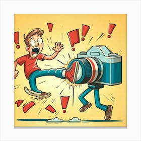 Cartoon Illustration Of A Man Kicking A Camera Canvas Print