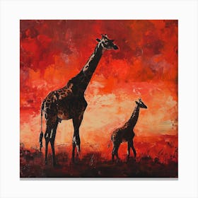 Giraffe & Calf In The Sunset Red Brushstrokes 2 Canvas Print