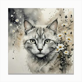 Cat With Daisies Canvas Print