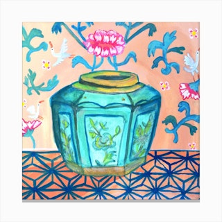 Chinoiserie Ginger Pot With White Cranes Square Canvas Print