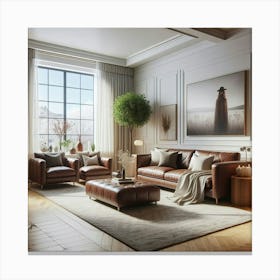 Living Room With Brown Leather Furniture Canvas Print