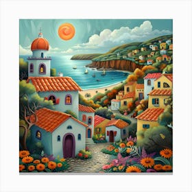 Village By The Sea, Naive, Whimsical, Folk Canvas Print