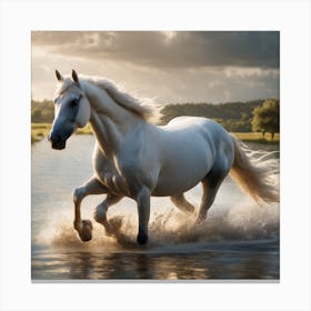 White Horse Running In Water 3 Canvas Print