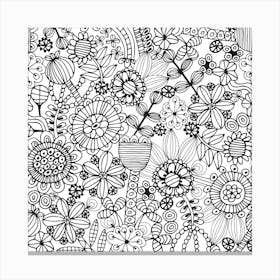 COLOURING BOOK FLOWERS Exotic Doodle Floral Botanical Line Drawing in Black and White Canvas Print
