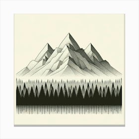 Title: "Monochrome Majesty: Pines and Peaks"  Description: "Monochrome Majesty: Pines and Peaks" is an intricate portrayal of a timeless mountain scene, rendered in stunning monochromatic detail. This piece features a majestic range of stippled mountains, their faceted slopes creating a textured contrast against the uniform pine forest below. The artwork's detailed dot work adds depth and dimension, while the forest's silhouette provides a stark, graphic boundary between the natural and the abstract. Set against a soft cream background, the composition is a testament to the beauty found in the simplicity of shape and the elegance of grayscale, making it a sophisticated choice for those with an appreciation for detail-oriented and minimalist art. Canvas Print