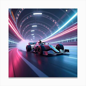 Formula Car Drifting On A Curvy Neon Lit Track Under Glowing Futuristic Bridges 1 Canvas Print