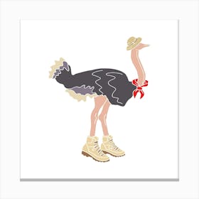 Explorer Ostrich With Hat, Neckerchief And Walking Boots, Fun Safari Animal Print, Square Canvas Print