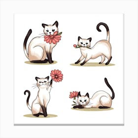 A charming and whimsical illustration of a Siamese cat in four distinct poses Canvas Print