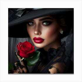 Elegant Woman in Black with Red Rose – Dramatic Portrait Leinwandbild