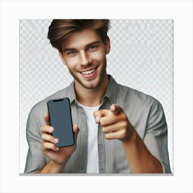 Young Man Pointing At His Phone 1 Canvas Print