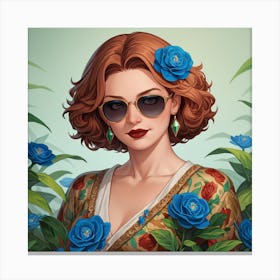 Woman In Sunglasses And Blue Flowers Canvas Print