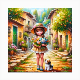 Cute Little Girl with Flowers & a Puppy AI Canvas Print