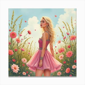 Watercolor Of Lady Gaga In A Surreal Garden With Flowers Growing In The Air 1 Canvas Print