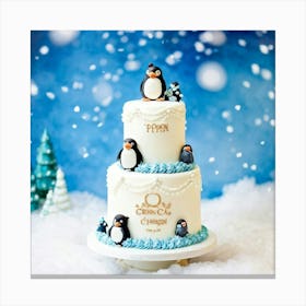 Penguins On A Cake 3 Canvas Print