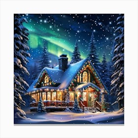 Christmas House Adorned With Twinkling Multicolor Lights And Festive Decorations At The Edge Of A Sn Canvas Print