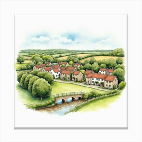 Watercolor Illustration Of The Great Tew In Oxfordshire, Showcasing Its Charming Village And Picturesque Countryside Canvas Print