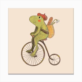 Frog With Baguette And Flower On A Penny Farthing Animals on Vehicles Canvas Print