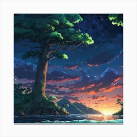 Majestic Twilight Sky Over A Serene Coastal Landscape With An Ancient Tree Canvas Print