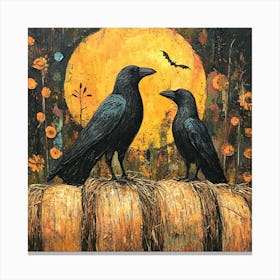 Crows On Hay Halloween Canvas Print