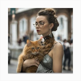 Woman Holding A Cat Canvas Print