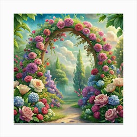 A Flower Archway In A Garden With A Path Leading Into The Distance Canvas Print