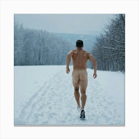 Nude Man Running In Snow, Naked  Butt on snow. Art photo  Canvas Print