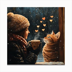 Cat and Person Sharing Hot Cocoa Artwork 9 Canvas Print