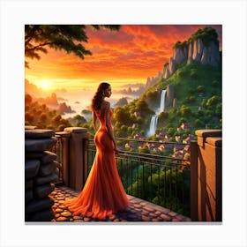 Sunset Girl In Red Dress Canvas Print