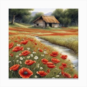 Beautiful Field Of Poppies With Tiny Little Daisies A Small Stream And An Abandoned Hut In The Dist Canvas Print