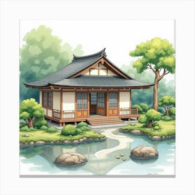 Traditional Japanese Tea House In Watercolor, With Serene Gardens And Tea Sets Canvas Print