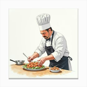 Watercolor Painting Of An Italian Chef Preparing A Traditional Seafood Dish Canvas Print